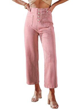 Women's Peach High Waisted Jeans Stretchy Denim Pant Casual Wide Leg Jeans